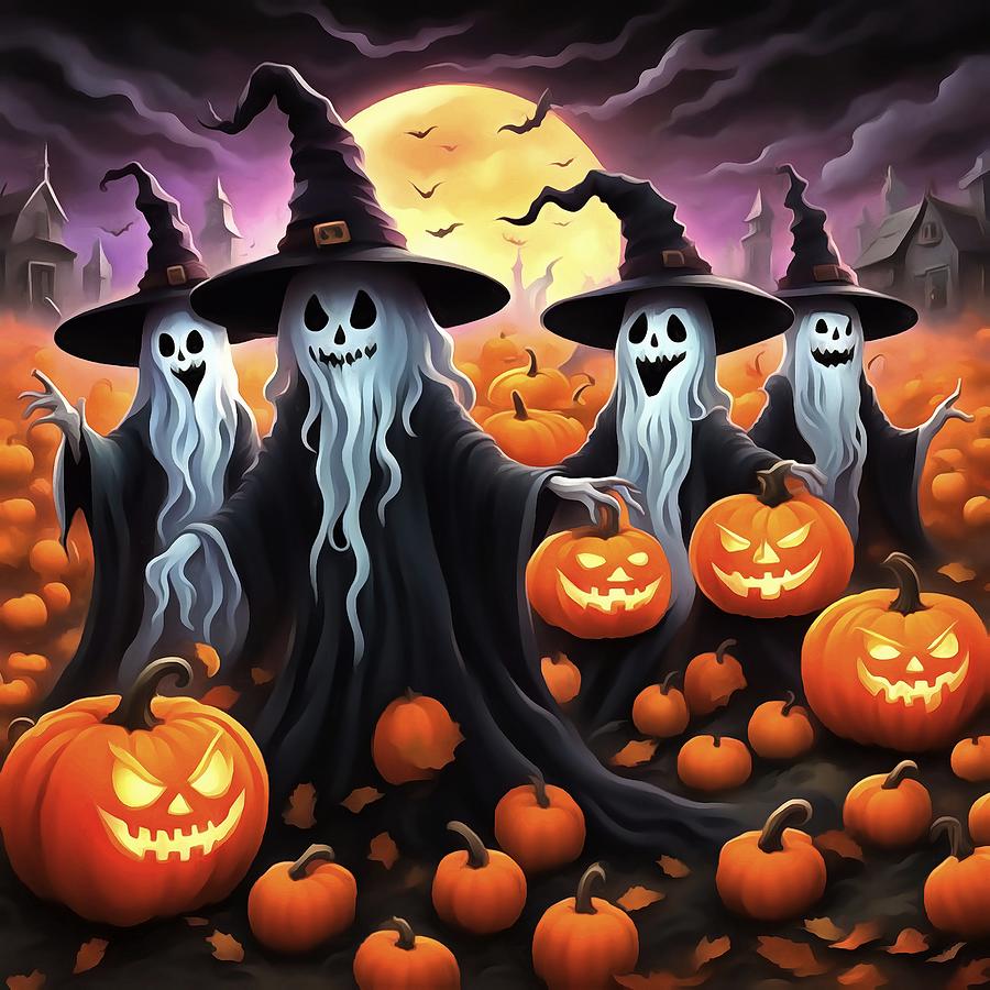 Halloween Painting - Fun Halloween Ghost Witches Hats In A Jack O Lantern Pumpkin Patch by Taiche Acrylic Art