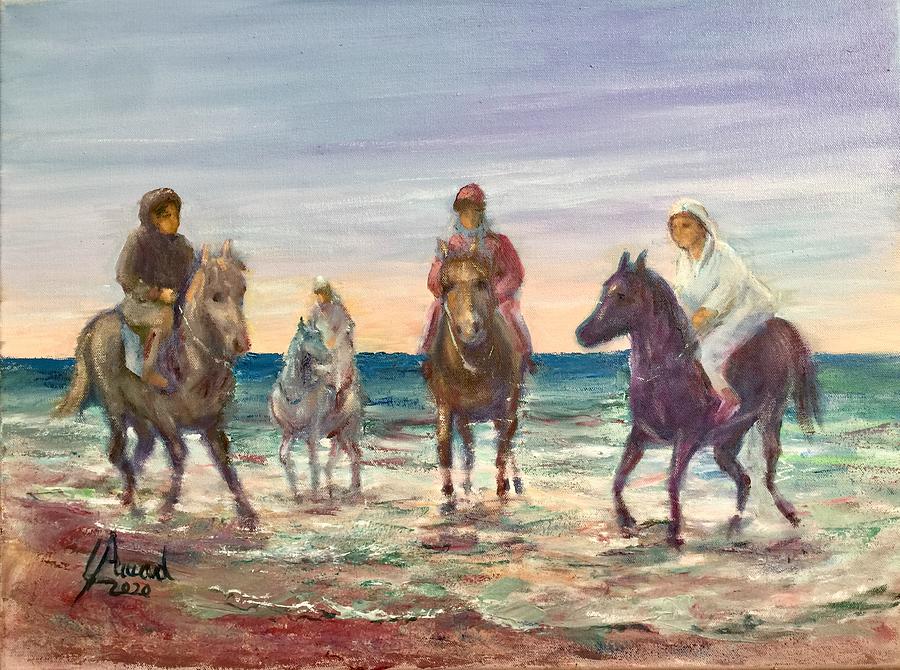 Horses on the Beach Painting by Laila Awad Jamaleldin