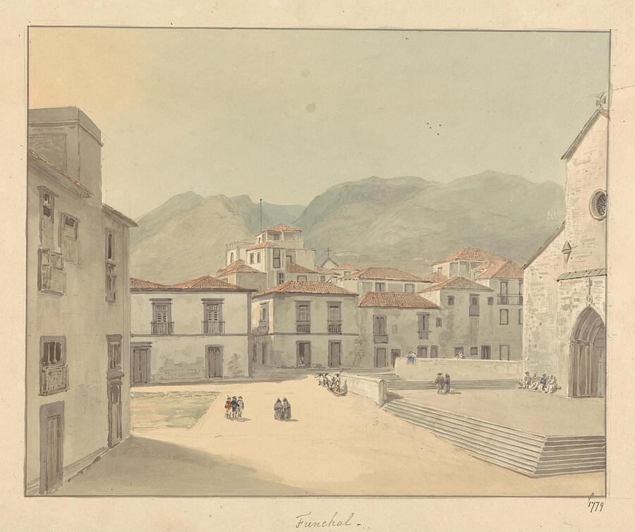 Vintage Painting - Funchal Madeira A Square with a Church  by Samuel Davis English