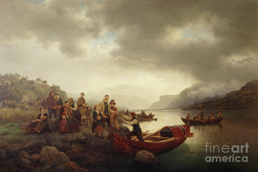Funeral on Sognefjord, 1853 Painting by O Vaering by Hans Gude and Adolph Tidemand