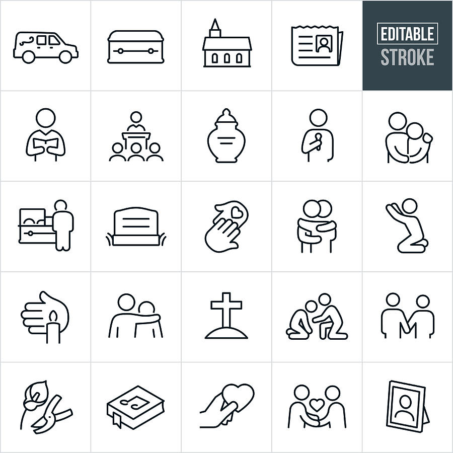 Funeral Thin Line Icons - Ediatable Stroke Drawing by Appleuzr