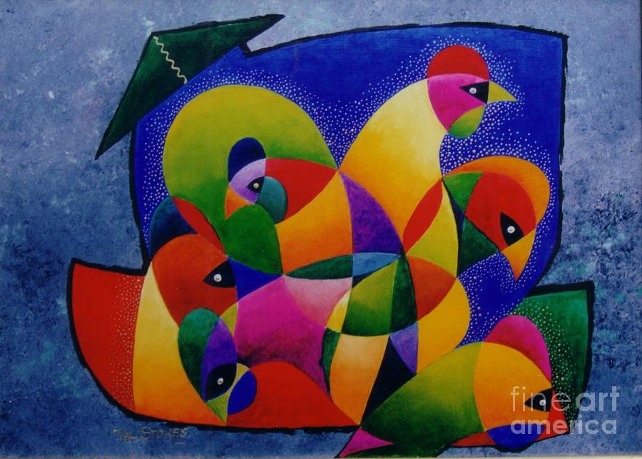 Abstract Painting - Funky Fowls by Val Stokes