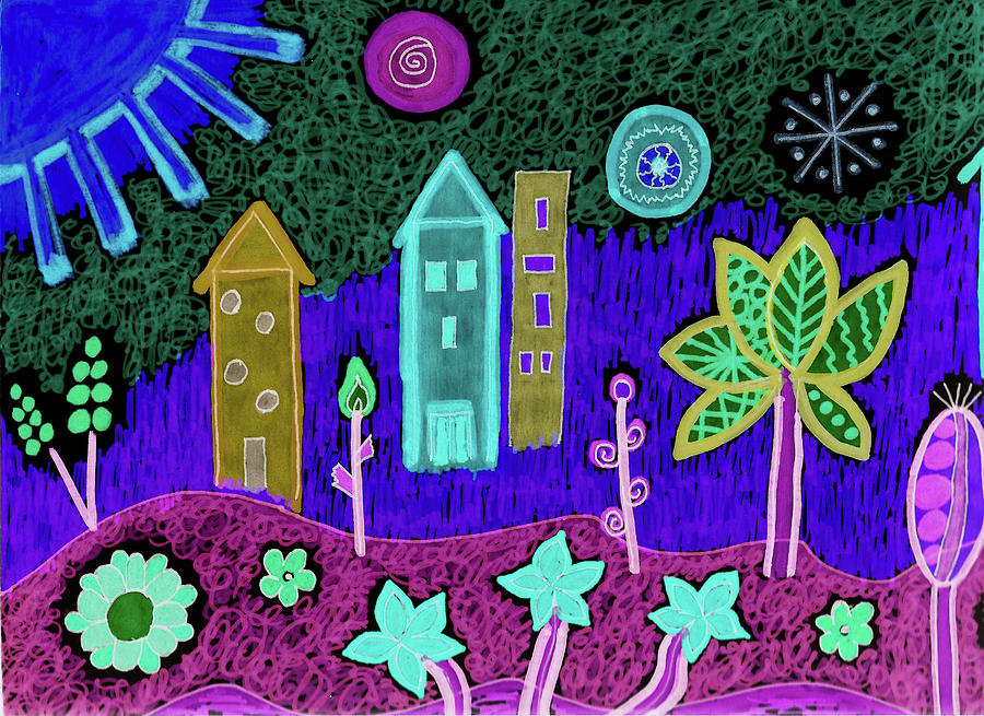 Funky Town 1 At Night Drawing by Susan Schanerman