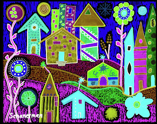 Funky Town 3 At Night Drawing by Susan Schanerman