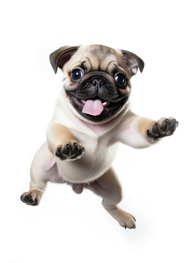 Animal Photograph - Funny and Playful  Pug Dog Jumping with Tongue Out on White Back by Good Focused