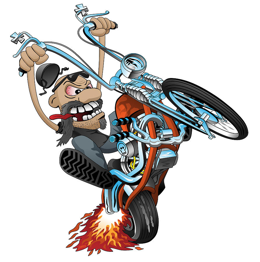 Funny biker riding a chopper, popping a wheelie motorcycle cartoon Digital  Art by Jeff Hobrath - Pixels