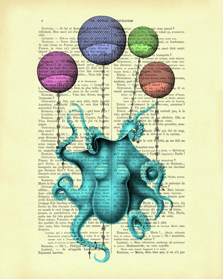 Octopus Mixed Media - Funny Blue Octopus by Madame Memento
