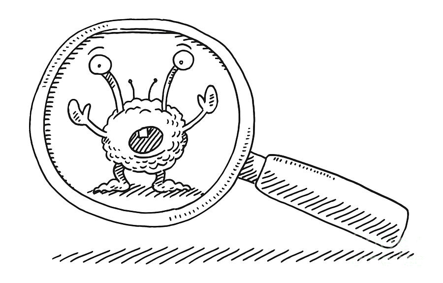 Black And White Drawing - Funny Cartoon Bacteria Magnifying Glass Drawing by Frank Ramspott