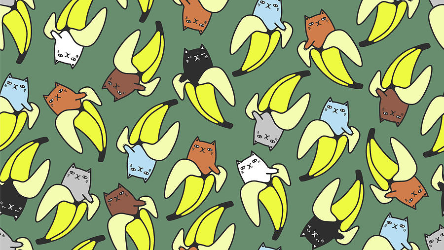 Funny Cat Seamless Pattern, Children Fabric. Hand Drawn Illustration Of Cute Kitten Pet And Tropical Fruits Bananas. Drawing