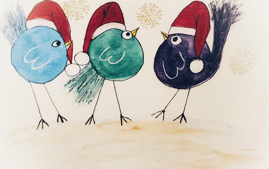 Funny Christmas Birds Painting by Shady Lane Studios-Karen Howard