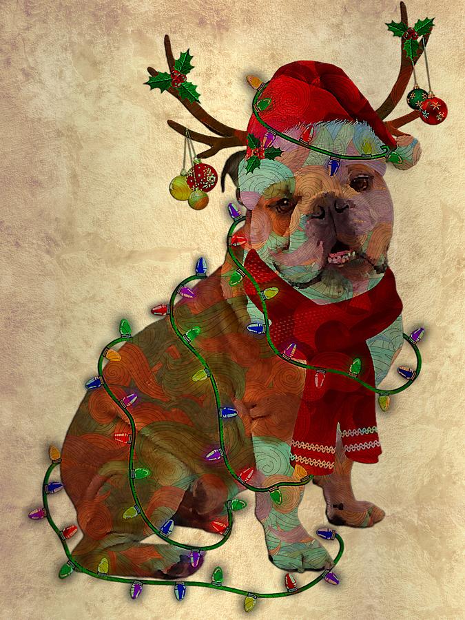 Funny English Bulldog Dog Tree Christmas Lights Xmas Pajama Digital Art ...