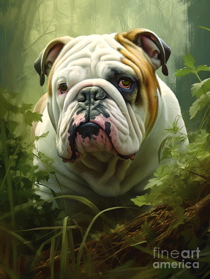 Funny English Bulldog Sitting In Grass Painting by Vincent Monozlay