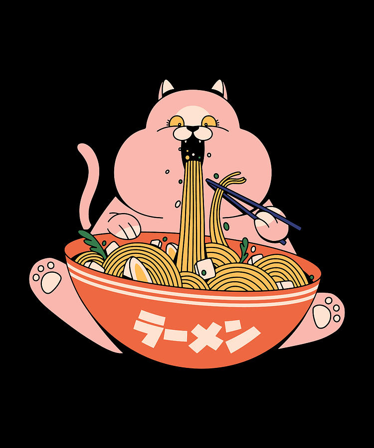 Funny fat ramen noodle cat eating from bowl Digital Art by Norman W - Fine  Art America