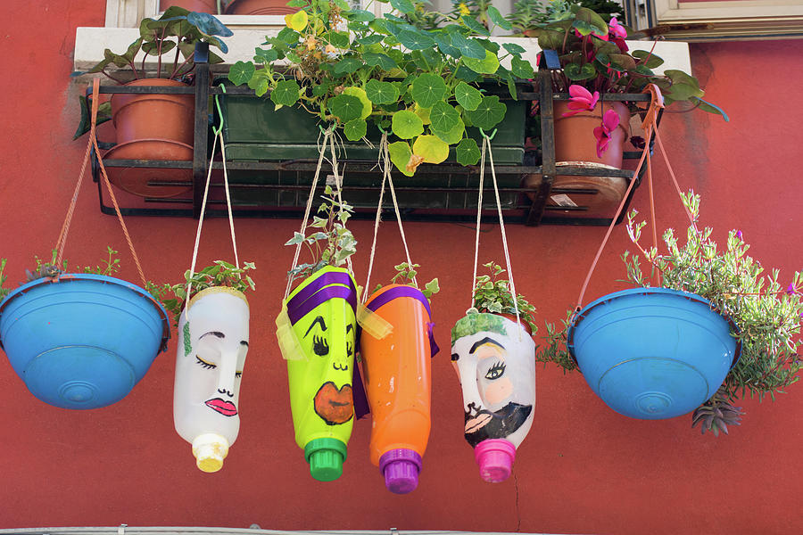 funny flowerpot.,flowers in plastic bottles, in Murano, Venice, Italy ...