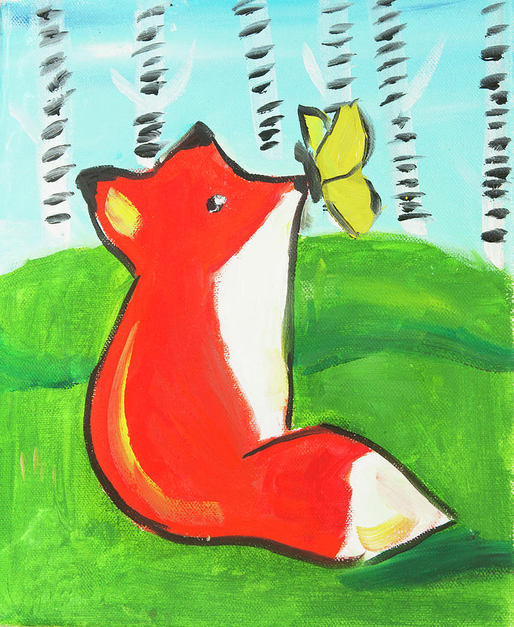 Funny fox with butterfly painting Painting by Irina Afonskaya