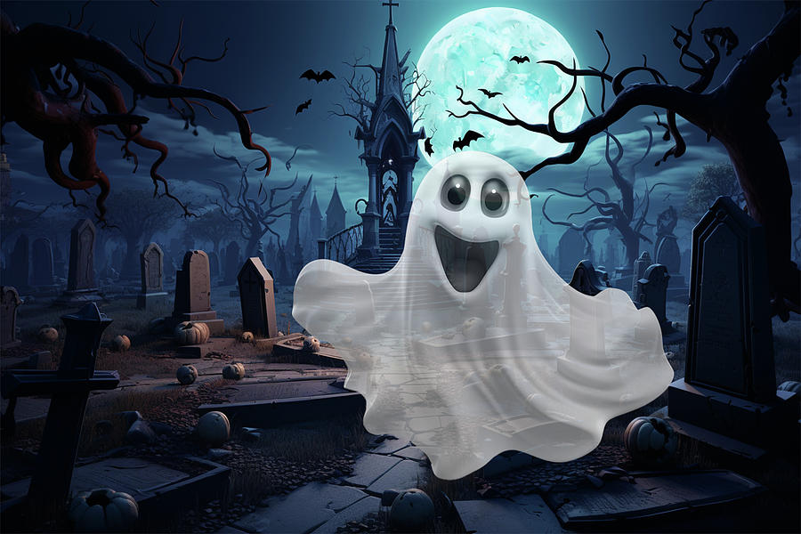 Funny Ghost Haunting Graveyard Digital Art by SR Green