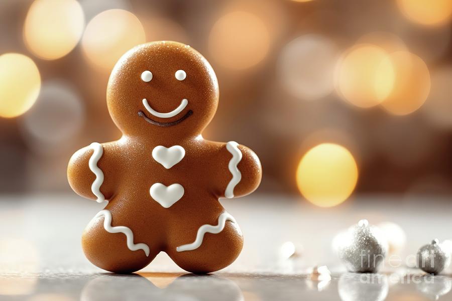 Funny gingerbread man cookie, merry Christmas background. Ai generated. Photograph by Joaquin Corbalan