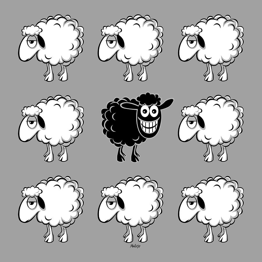 Happy black sheep, drawing. Herd of animals. Own choice. Products for free  people. Digital Art by MoodArt365 - Pixels