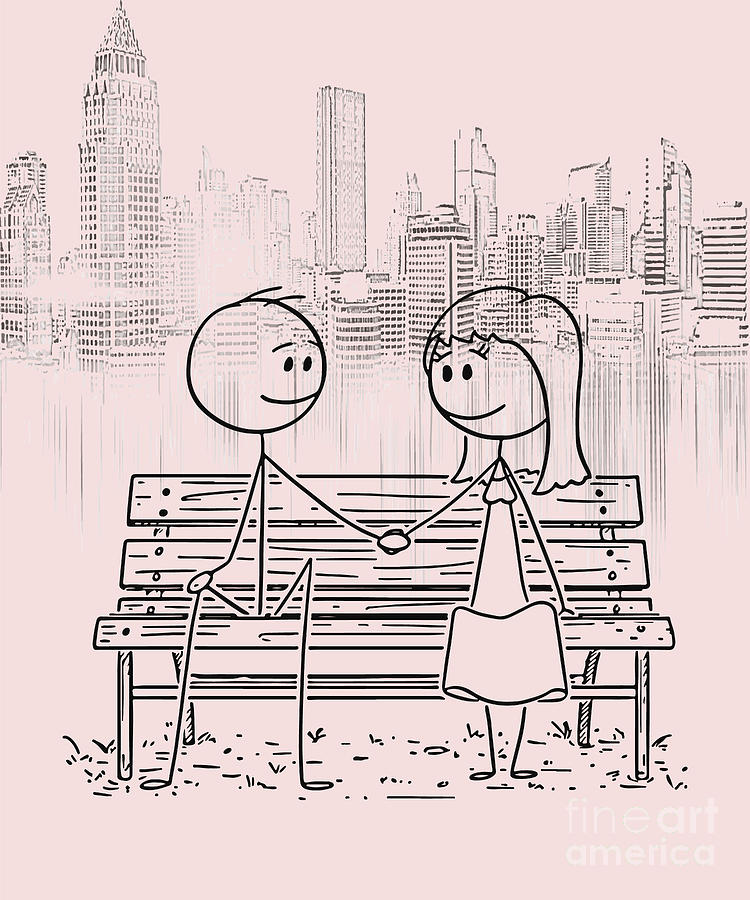 Funny romantic stick couple holding hands, minimal line art drawing, couple in love art print Drawing by Mounir Khalfouf