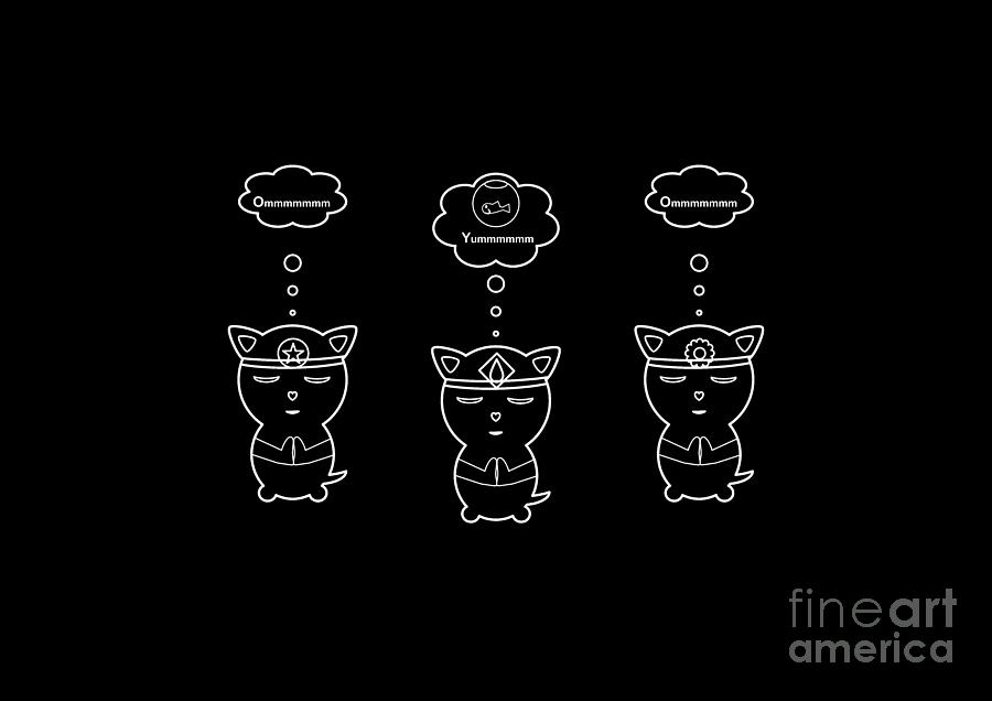 Funny Three Om Cats Meditating in Black and White  Digital Art by Barefoot Bodeez Art