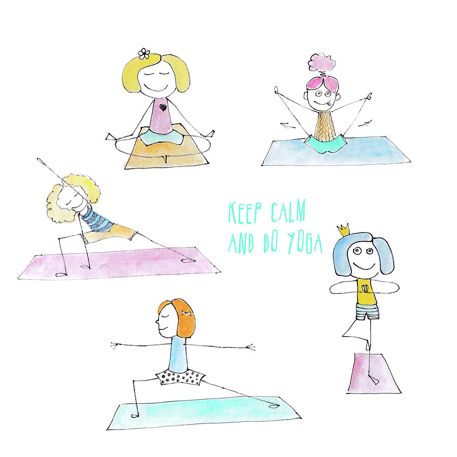 Funny watercolor drawing set of a happy girls in the yoga positions.  Digital Art by Elena Sysoeva - Fine Art America