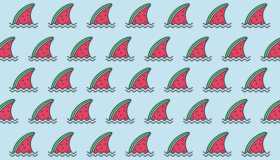 Funny Watermelon Shark With Wave Pattern Background. Watermelon Slice Illustration Pattern. Fruit Background Drawing