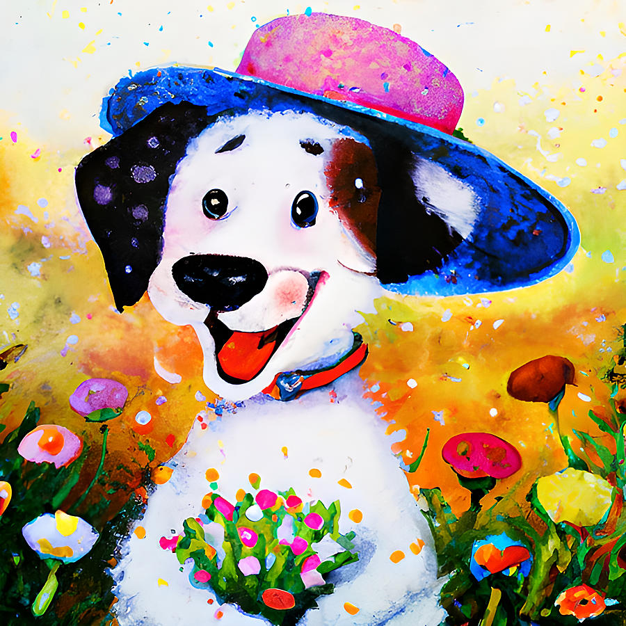 Funny White Puppy with Pink Hat and Flowers Digital Art by Amalia Suruceanu
