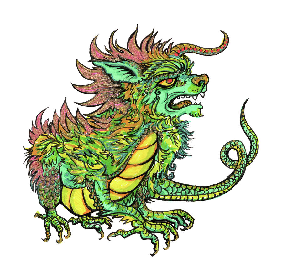 Furry Scaly Monster Coloured Drawing by Katherine Nutt