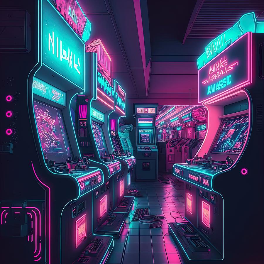 Futuristic Alien Arcade Synthwave Digital Art by Damien Adam - Pixels