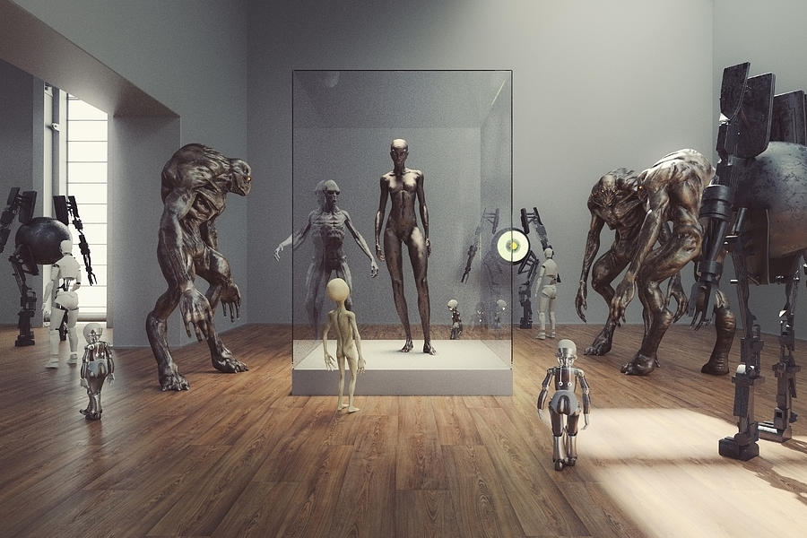 Futuristic alien museum with homo sapiens exhibition Photograph by Gremlin