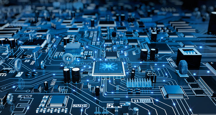 Futuristic Circuit Board. Blue with electrons. Photograph by Nmlfd