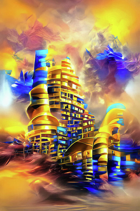 Futuristic City Architecture 01 Gold and Blue Digital Art by Matthias Hauser
