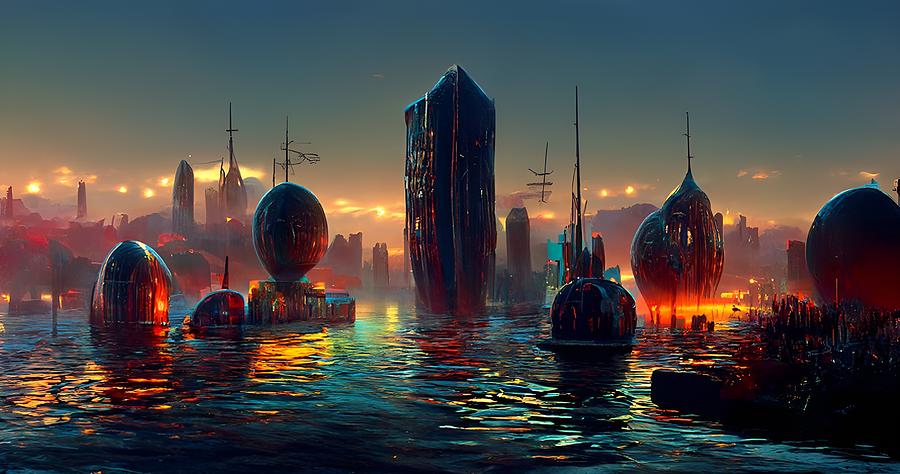 Futuristic City by the Water at Dawn Digital Art by Frederick Butt