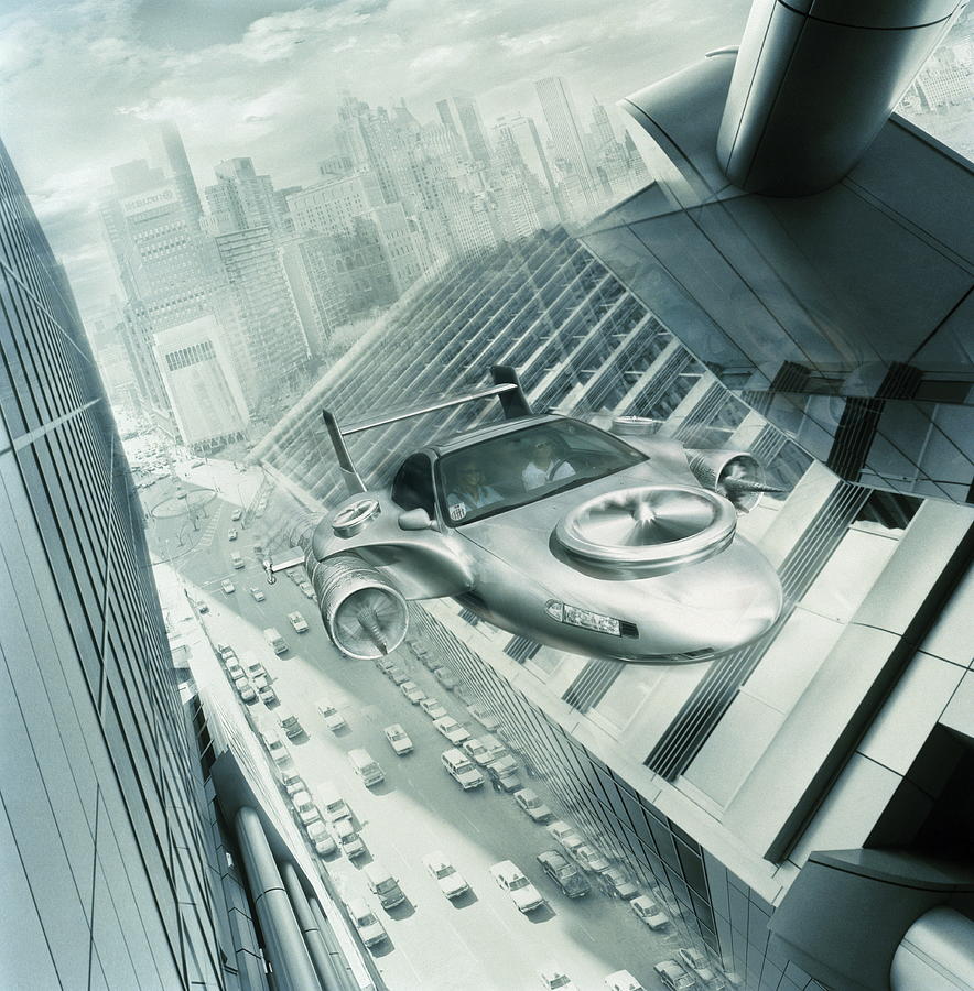 Futuristic cityscape with flying car (Digital Composite) Photograph by Coneyl Jay