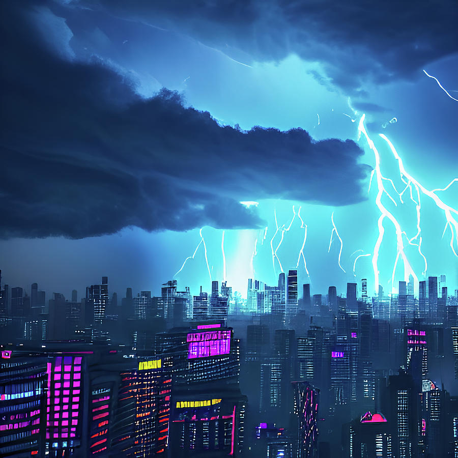 Futuristic Cyberpunk City 01 Thunderstorm Digital Art by Matthias ...