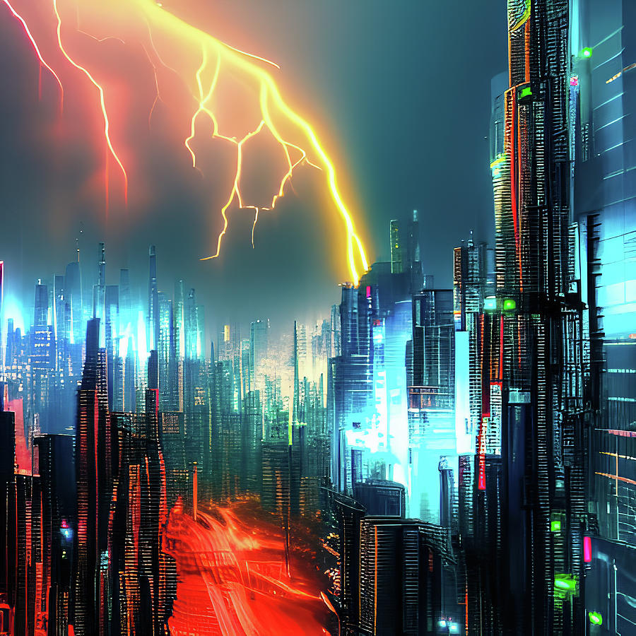 Futuristic Cyberpunk City 04 Flashes in the sky Digital Art by Matthias Hauser