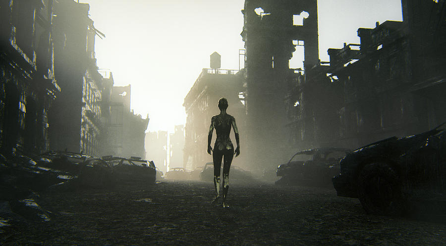 Futuristic cyborg walking in destroyed city Photograph by Gremlin