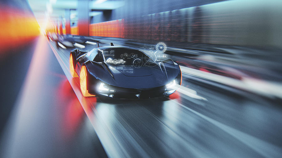 Futuristic generic concept sport car speeding on city highway Photograph by Gremlin