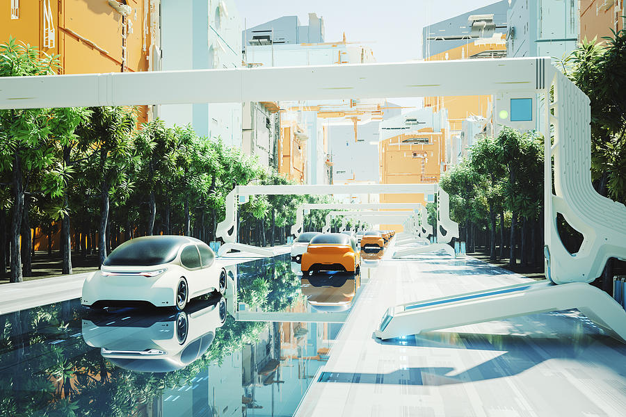 Futuristic green city with generic autonomous electric cars Photograph by Gremlin