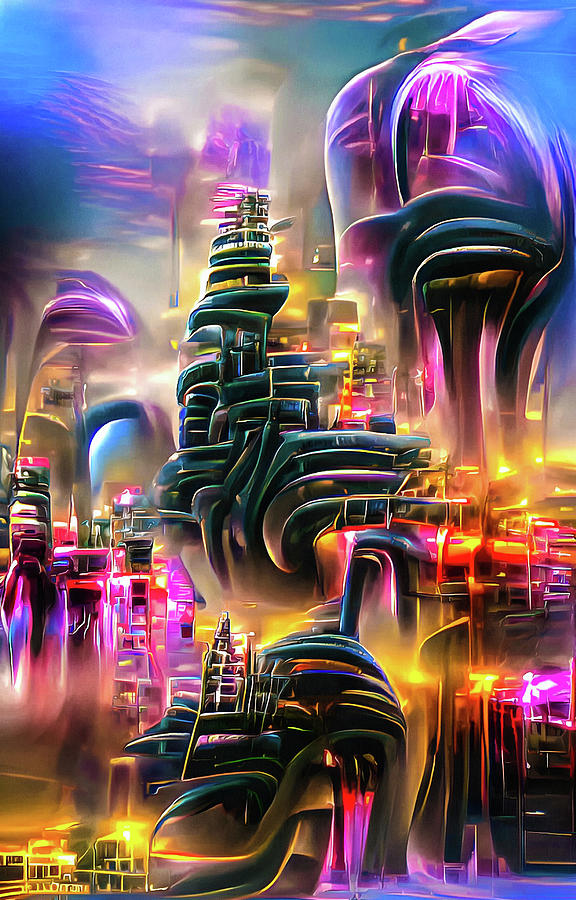 Futuristic Megapolis Architecture 02 Glowing Lights Digital Art by Matthias Hauser