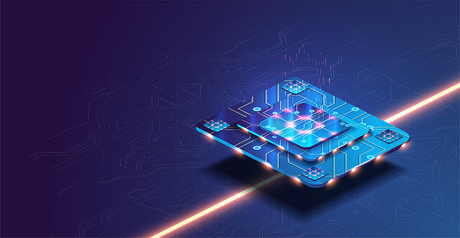 Futuristic microchip processor with lights on the blue background. Quantum computer, large data processing, database concept. Future technology development CPU and microprocessors for machine learnin Drawing by NatalyaBurova