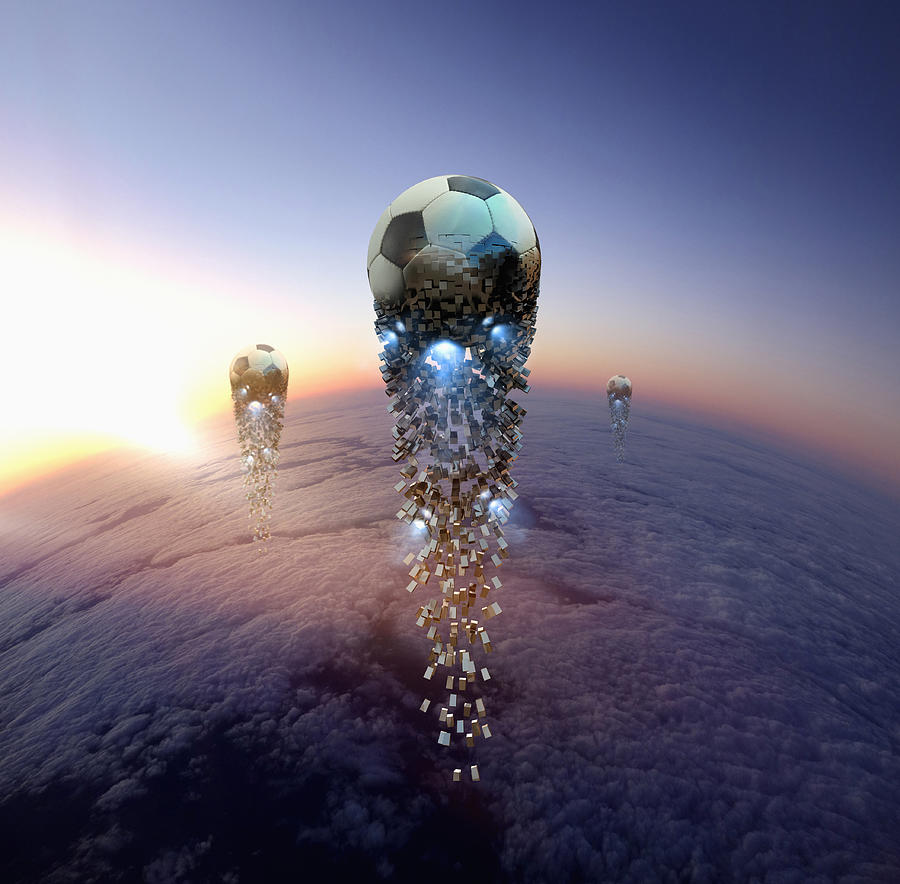 Futuristic pixelated soccer balls in sky Drawing by Colin Anderson Productions pty ltd