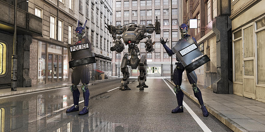 Futuristic robot police standing in city street Photograph by Donald Iain Smith