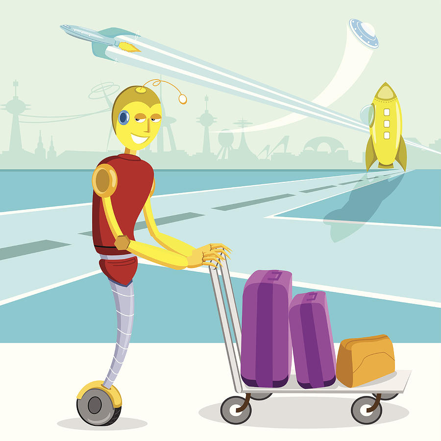 Futuristic robot pushing luggage on a cart at an airport Drawing by Fanatic Studio