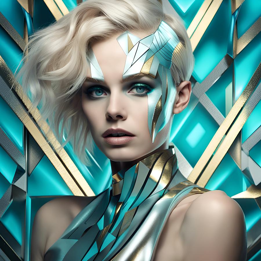 Futuristic Woman in a Turquoise Geometry Digital Art by Judi Suni Hall