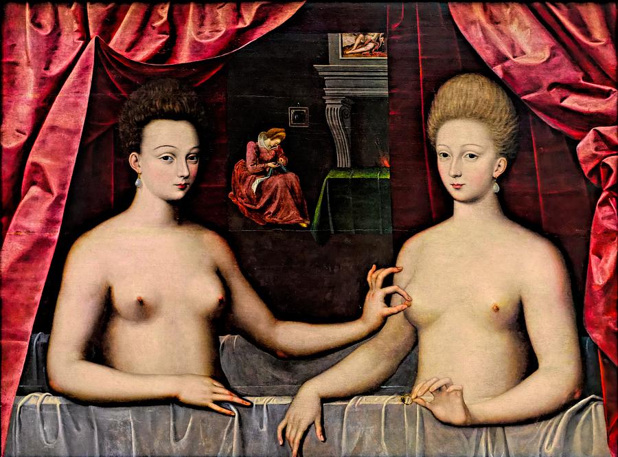 Nude Painting - Gabrielle d Estrees and One of Her Sisters by School of Fontainebleau
