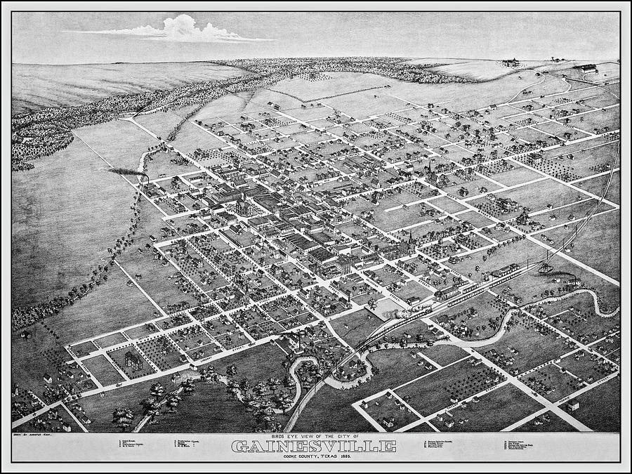 Gainesville Photograph - Gainesville Texas Vintage Map Birds Eye View 1883 Black and White by Carol Japp