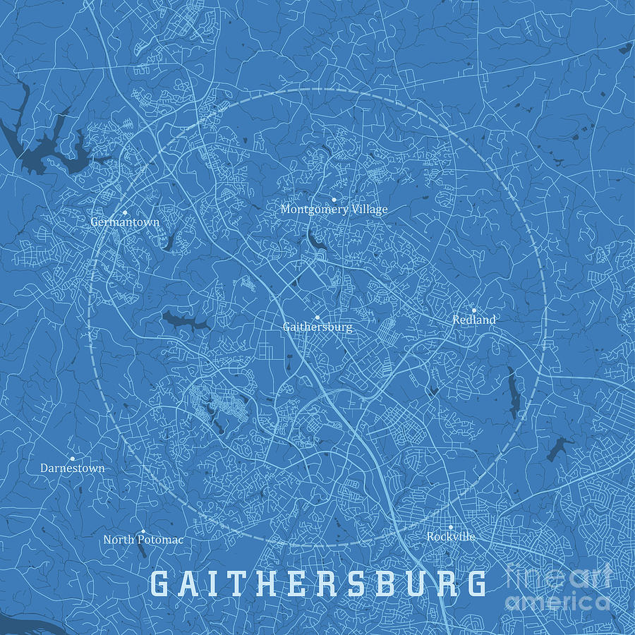 Gaithersburg MD City Vector Road Map Blue Text Digital Art by Frank ...