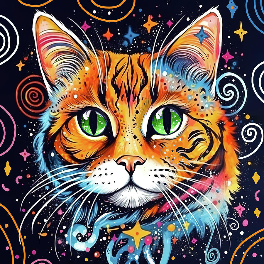 Galactic Whiskers - Whimsical Ginger Cat - Graffiti Style Art Digital Art by Mark Tisdale