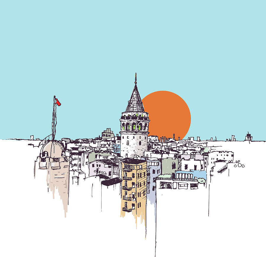 Galata Tower And Galata District Of Beyoglu Istanbul Drawing